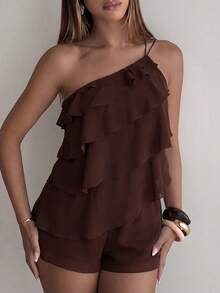 Aloruh Brown Romantic Chiffon One-Shoulder Multi-Layer Ruffle Design Short Jumpsuit For Women - Brown - View 8