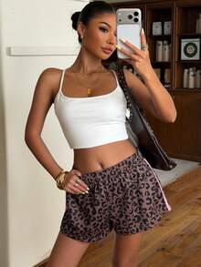 Muchica Women's Summer Casual Leopard Print & Striped Elastic Waist Shorts Vacation - Multicolor - View 6