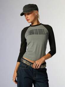 COUREZ Quarter Length Sleeve Raglan T-Shirt With Slogan Print / Y2K Graphic Tees Women Cute Tops Casual Going Out Top Long Sleeve Tops Winter Outfits Fall - Multicolor - View 5