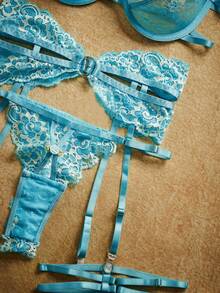 PinupPomp 4件套女士性感蕾丝拼接内衣套装 - 淺藍色 - 查看 5