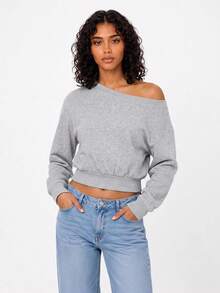 SHEIN BASICS Women's Solid Color Asymmetric Collar Sweatshirt Everyday Day Time Gray Autumn Casual Everyday Daytime Going Out Office - Grey - View 2