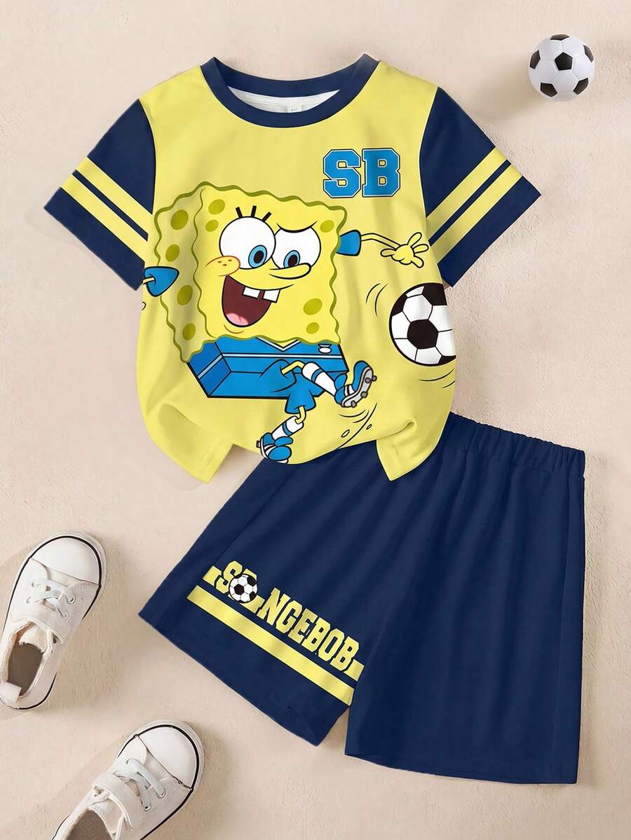 SpongeBob SquarePants | SHEIN 男童圆领撞色短袖卡通可爱印花夏季T恤套装 - 白色 - 查看 1