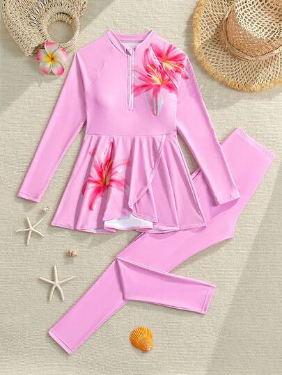 SHEIN Bikini de dos piezas con camisola para niñas, traje de baño de manga larga para vacaciones en la playa, estampado floral rosa