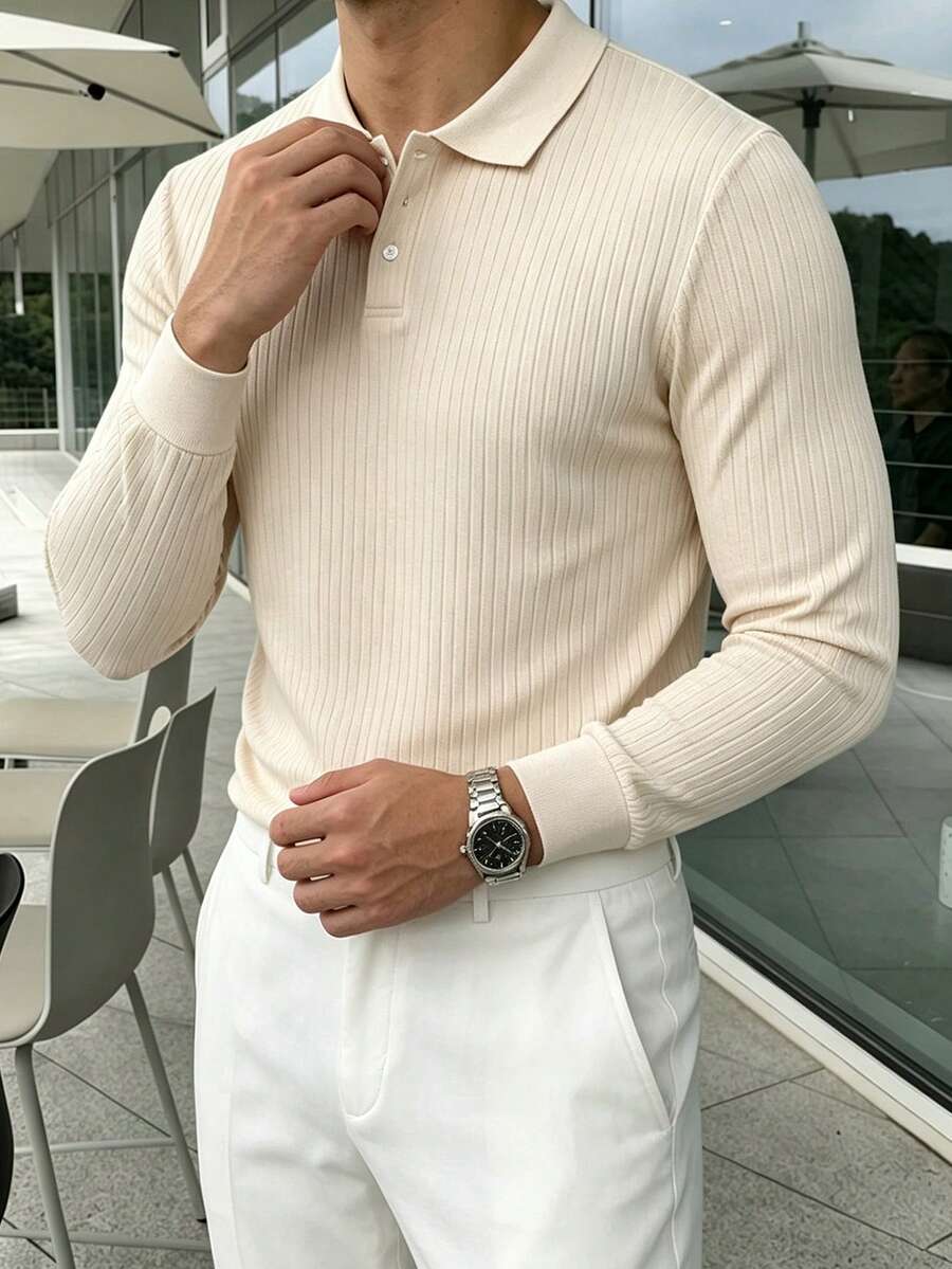 Claim Dot 男士素色休閒日常長袖 Polo 衫 - 杏色 - 查看 1