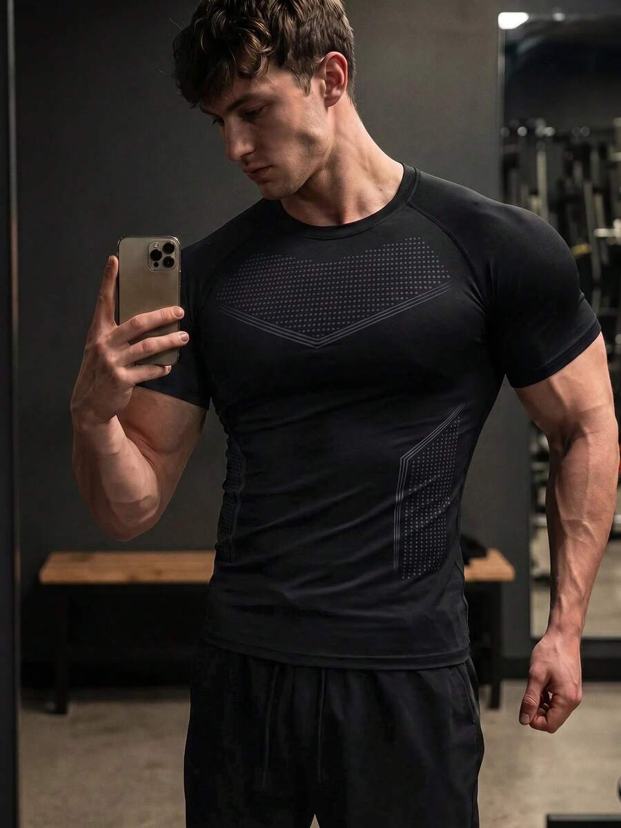 GymBeat 男士纯色休闲百搭日常运动T恤,健身 - 黑色 - 查看 1