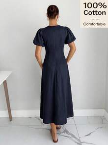 Siren Gaze Gaun Panjang Elegan Wanita Warna Polos Leher V Lengan Pendek Motif Kelopak Bunga - Navy Blue - View 6