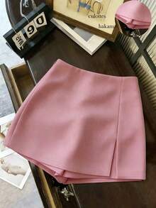 EMERY ROSE Falda pantalón de talla grande de unicolor con abertura en el bajo, estilo dulce y de moda - Rosa - Ver 1