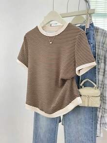 Resyla Maglietta da donna a girocollo a maniche corte con stampa a righe colorblock, stile casual basic - Multicolore - Visualizzare 1