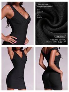 Nuvra Sexy V-Neck Spaghetti Strap Dress With Line Decor, Fashionable Elegant Short Design, Height-Enhancing Commuter Style - Black - View 3