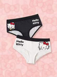 HELLO KITTY AND FRIENDS | SHEIN 女款字母卡通印花休閒日常三角內褲 - 黑與白 - 查看 1