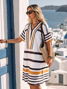 Ceyna Plus Size Women's Summer Casual Vacation Vintage Minimalist V-Neck Shoulder Sleeve Loose Mid-Length Woven Printed Dress - Multicolor - View 6