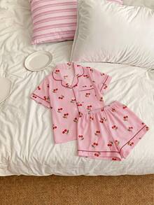 Joivida 2-Piece Pajama Set Short-Sleeved Shorts Striped Cherry  Print Casual Women's Home Wear Set - Pink - View 4