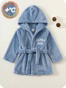 SHEIN 新生兒男嬰可愛秋冬款毛茸茸字母圖案藍色連帽居家服浴袍睡衣 - 霧霾藍 - 查看 3