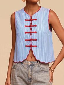 Travachic Women's Blue And White Stripe Frog Button Design Vest Shirt Boho French Retro Vintage 70s Chinese Style Striped Outfits Vacation Summer - Multicolor - View 2