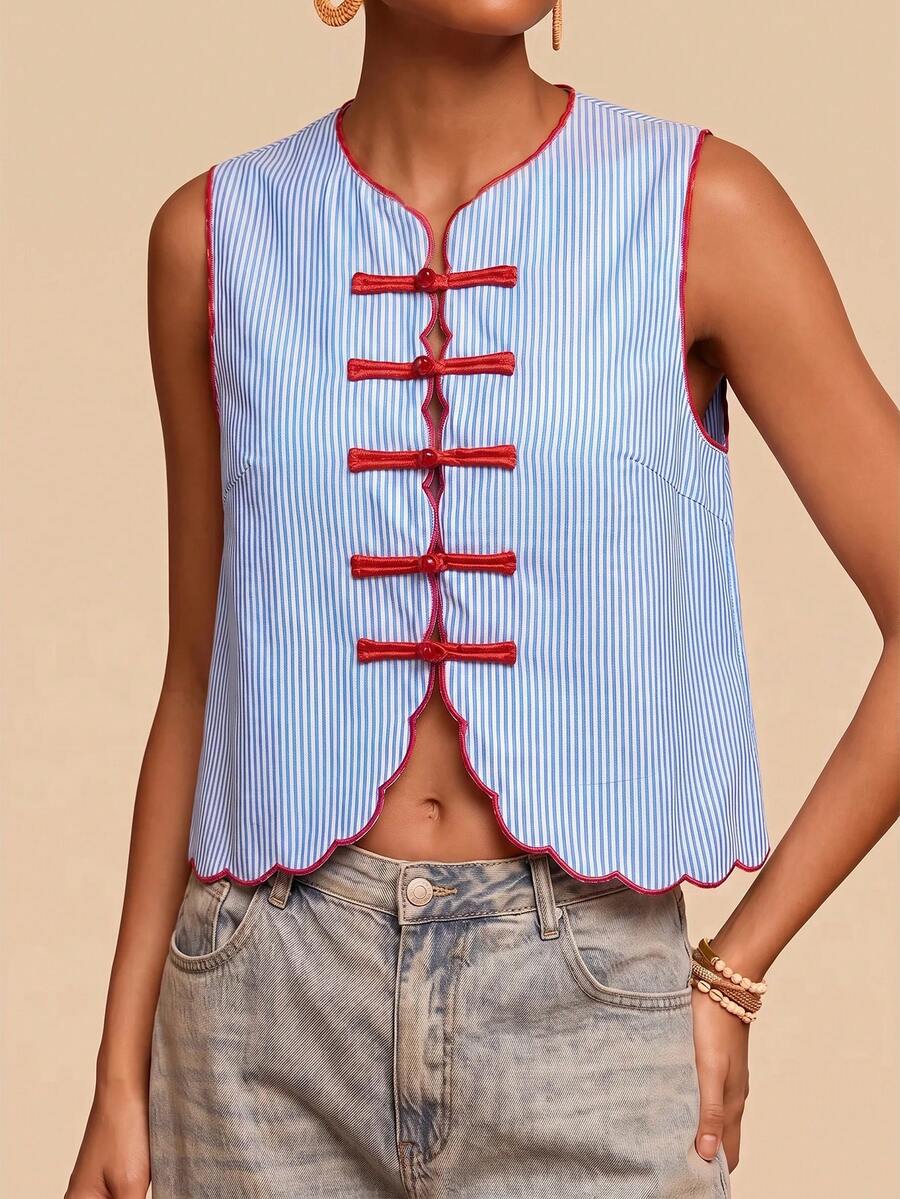 Travachic Women's Blue And White Stripe Frog Button Design Vest Shirt Boho French Retro Vintage 70s Chinese Style Striped Outfits Vacation Summer