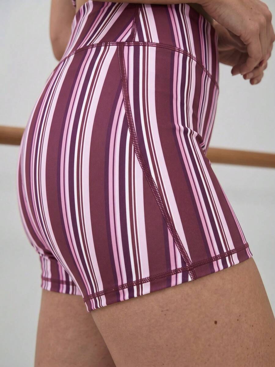 Nöista Part Of A Set. High-Waist Shorts In Burgundy And Lavender Multi Stripe Print. Perfect For Activewear, Barre, Yoga, Workout And Gym., Back To School - Purple - View 1