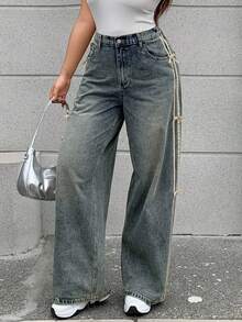 Dazy Tall Curve Contrast Color Patchwork Webbing Bow Decor Loose Wide Leg Denim Girls Clothing Denim Long Pants All Season Tall Plus Size Jeans Fall - Light Wash - View 5