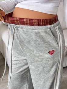 SHEIN 孕婦抽繩腰心形圖案休閒日常穿著長褲 秋季 - 灰色 - 查看 5