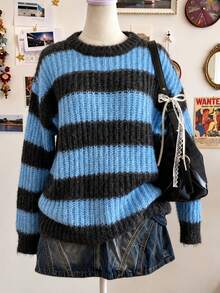 Lalippa Sweater Longgar Lengan Panjang Leher Bulat Bergaris untuk Wanita - MultiWarna - View 1