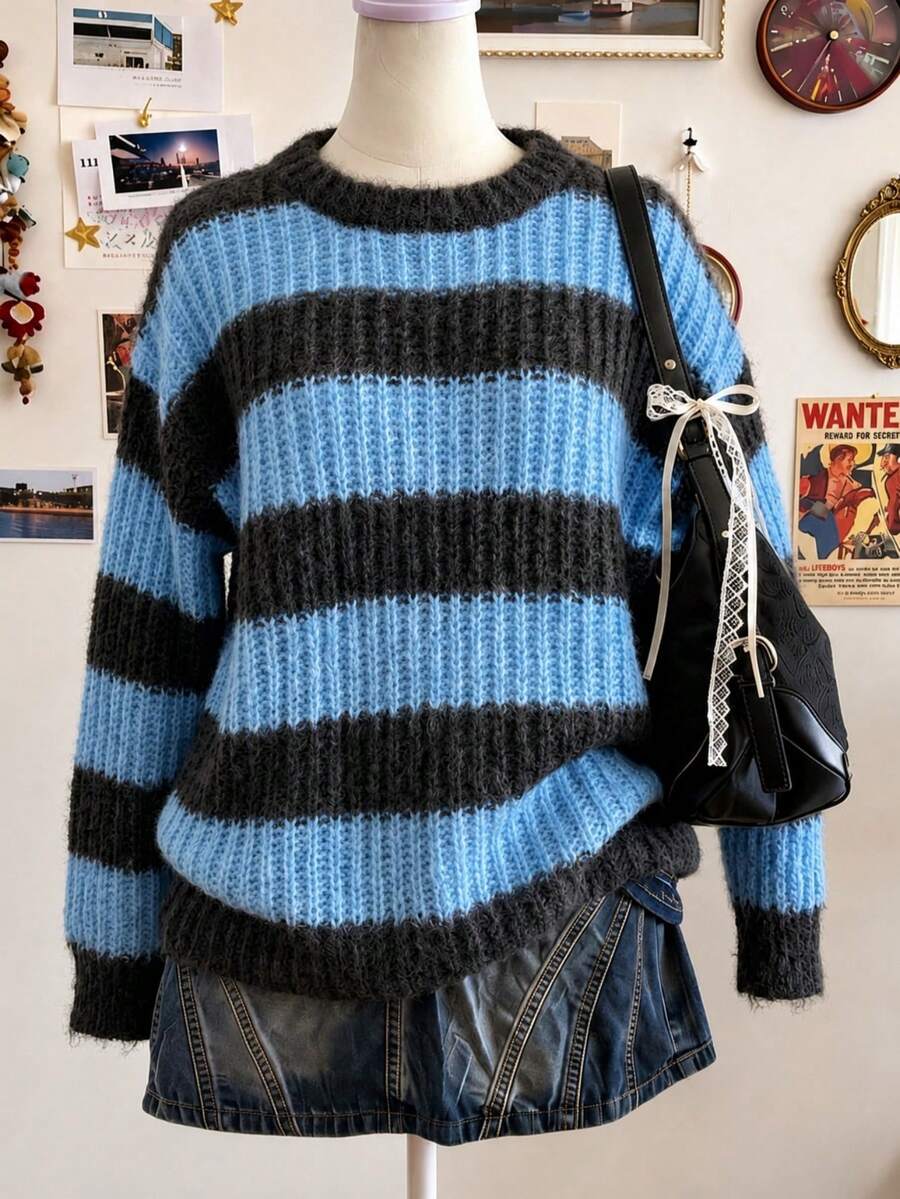 Lalippa Sweater Longgar Lengan Panjang Leher Bulat Bergaris untuk Wanita - MultiWarna - View 1