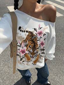 SHEIN EZwear 新款秋冬女款露肩長袖衛衣 Y2K 休閒街頭風 外出日常 白花卉 開學季 - 彩色 - 查看 6