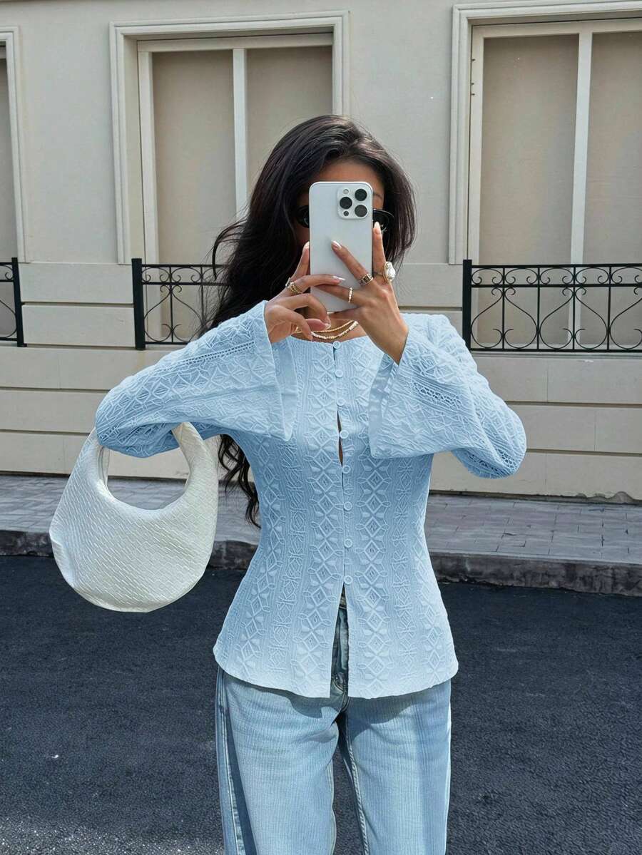 Siren Gaze All-Season New Embroidered Long Sleeve Blouse For Women - Baby Blue - View 1