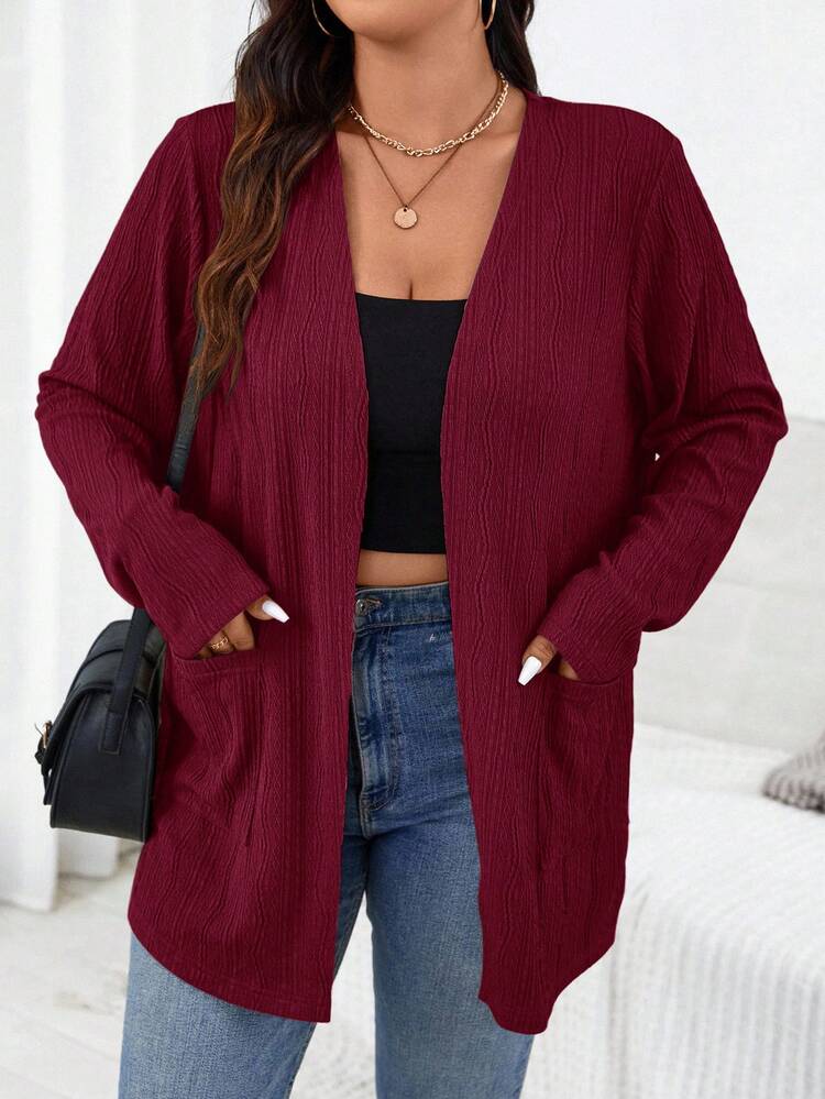 SHEIN Essnce Plus Size Women's Solid Color Long Sleeve Open Front Casual Pocket Jacket - Rose Red - View 6