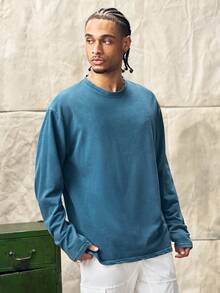 Norleigh Men's Casual Washed Loose Fit Round Neck Long Sleeve T-Shirt - Blue - View 6