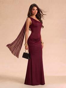 SHEIN Glamour Elegant Fashion Solid Color Ribbon Decor Women's Long Dress, Suitable For Evening Dinner Party, Bachelorette Party, Cocktail Party Summer - Burgundy - View 1