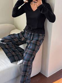 DAZY 两件套休闲舒适女士睡衣套装，春季保暖套装，秋冬季服装 - 黑色 - 查看 6