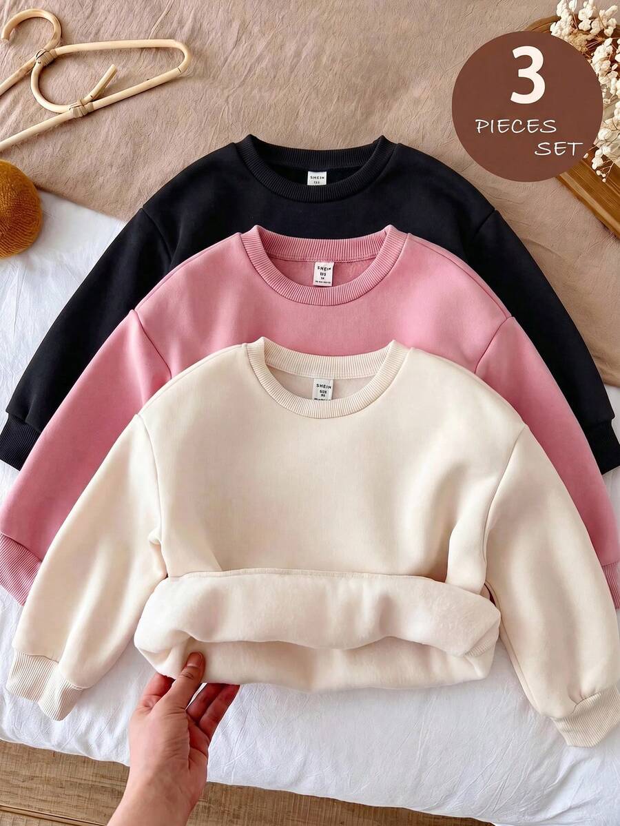 SHEIN LMoss Kids 女童 3件組 針織素色圓領寬鬆休閒秋季衛衣套裝 - 黑色 - 查看 1