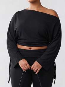 Solavibe Curve Off Shoulder Crop Top Fold Waist Flared Trousers Two Piece Outfit,Plus Size Two Piece Set, Curve Co Ord Set,Back To School,Going Out Outfit Fall - Black - View 5