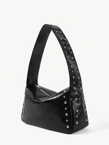 Viva Strut Women's Fashionable Personalized Simple Versatile Street Style Rivet Decoration Shoulder Bag, Hobo Bag, Retro Black Faux Leather, Daily Shopping - Black - View 1