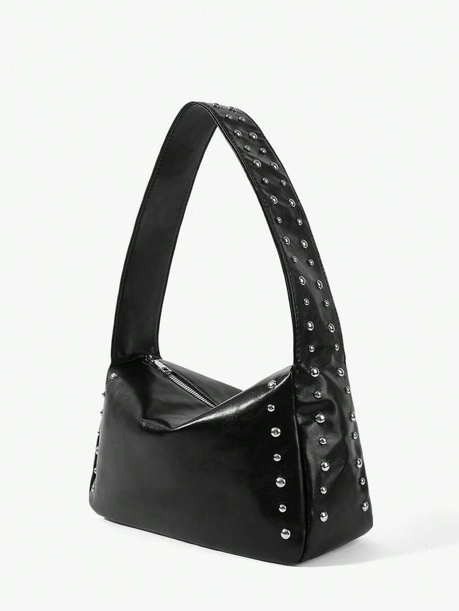 Viva Strut Women's Fashionable Personalized Simple Versatile Street Style Rivet Decoration Shoulder Bag, Hobo Bag, Retro Black Faux Leather, Daily Shopping - Black - View 1