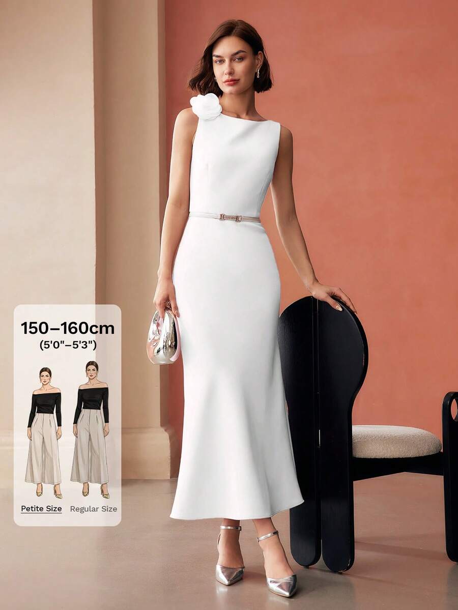 MOTF Petite ELEGANT FAUX 3D FLORAL DECOR WAIST FITTED FISHTAIL HEM WHITE DRESS FOR WOMEN ,PETITE WOMEN - White - View 1