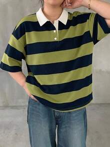 Livesso 女款大尺碼拼色拼接寬鬆條紋 Polo 領中袖休閒夏季 T-shirt - Limelight Green - 查看 3