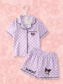 HELLO KITTY AND FRIENDS | SHEIN 女童格紋卡通印花短袖上衣與短褲休閒居家睡衣套裝 - 紫色 - 查看 1