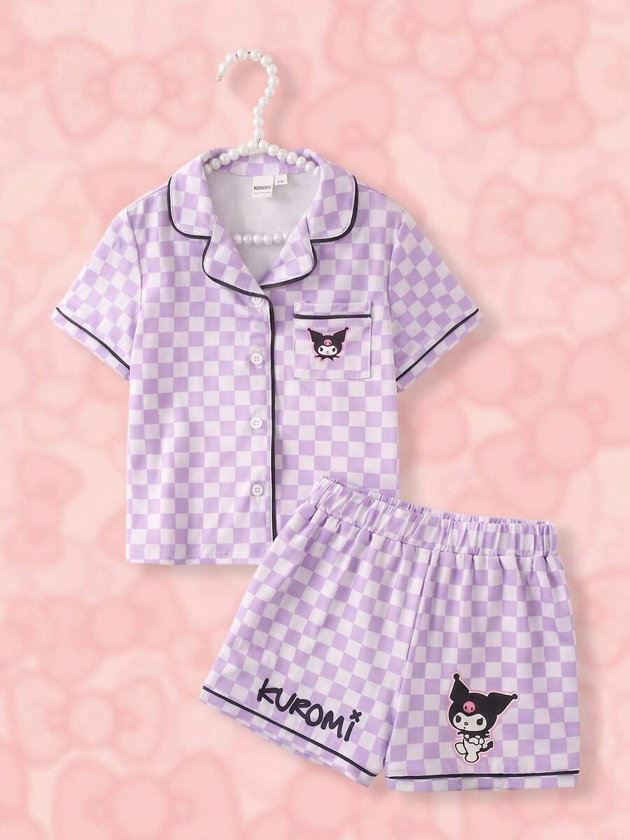 HELLO KITTY AND FRIENDS | SHEIN 女童格紋卡通印花短袖上衣與短褲休閒居家睡衣套裝 - 紫色 - 查看 1