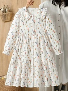 Vintaside Kids Tween Girls' Autumn Elegant Fashion Casual Fresh Digital Print Long Sleeve Turn Collar Dress, Suitable For Outings, Camping, Picnic, Cool Weather Travel, Parties And Gatherings - Apricot - View 1
