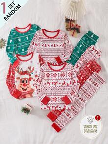 SHEIN Young Boys Christmas 2pcs Set, Random Holiday Print, Round Neck Long Sleeve Top & Long Pants, High Elasticity, Soft Skin-Friendly Fabric, Suitable For Home, Sleep, Inner Layer, Christmas Party, Photo, Spring/Autumn Loungewear - Multicolor - View 1