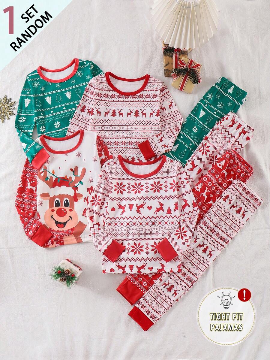 SHEIN Young Boys Christmas 2pcs Set, Random Holiday Print, Round Neck Long Sleeve Top & Long Pants, High Elasticity, Soft Skin-Friendly Fabric, Suitable For Home, Sleep, Inner Layer, Christmas Party, Photo, Spring/Autumn Loungewear - Multicolor - View 1