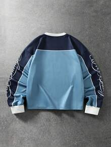 ROMWE MEN Street Life Men's Letter Pattern Crew Neck Casual Daily Long Sleeve T-Shirt - Blue - View 3