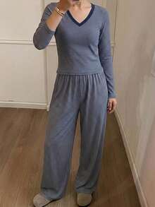 DAZY 條紋V領長袖T恤與直筒長款睡褲2件組女款居家服 - 藍色 - 查看 7