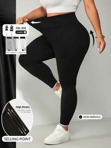 SHEIN CURVE+ 大尺碼純色高腰休閒日常穿著緊身褲 職場健身適用 2026年秋季 22W - 黑色 - 查看 2