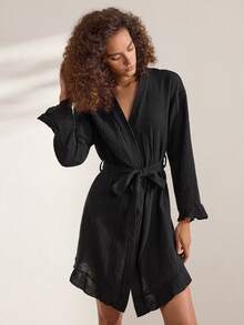 Ocili Comfortable Pure Cotton Soft Mesh Double Layer Robe Women's Loungewear Long Robe With Frill Trim - Black - View 5