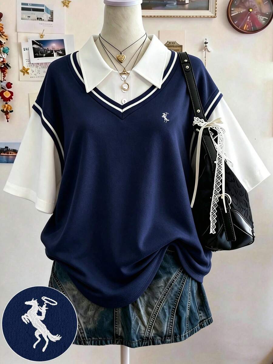 Lalippa 女款時尚簡約休閒優雅對比領刺繡T恤,送給朋友的禮物,正式校園大學海軍藍夏季款 - 藏蓝色 - 查看 1