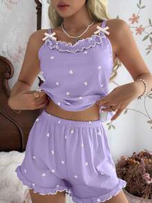 CottageSlumber Women's Ribbed Velvet Camisole & Shorts Pajama Set With Ruffle Trim, Small Bows And Romantic Heart Design - Purple - View 6