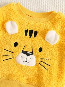 SHEIN 中性嬰兒男孩/女孩幼兒 2件組秋冬加厚抓絨內裡休閒可愛毛絨虎紋運動衫套裝，嬰兒運動服，嬰兒冬季衣物，萬聖節 - 藍色 - 查看 4
