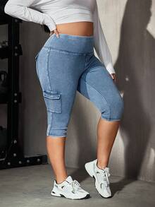 SHEIN Essnce Calça Jeans Cropped Slim Fit Casual com Bolsos Cargo para Mulheres Plus Size - Preto - Visão 6