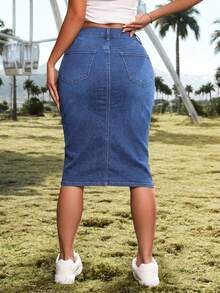 SHEIN ICON Women's Casual Denim Skirt With Side Slit Hem And Pockets - Dark Wash - View 6